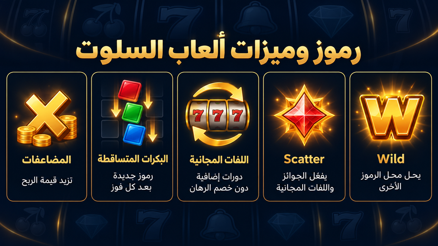 رموز وميزات ألعاب السلوت مثل Wild وScatter واللفات المجانية والمضاعفات